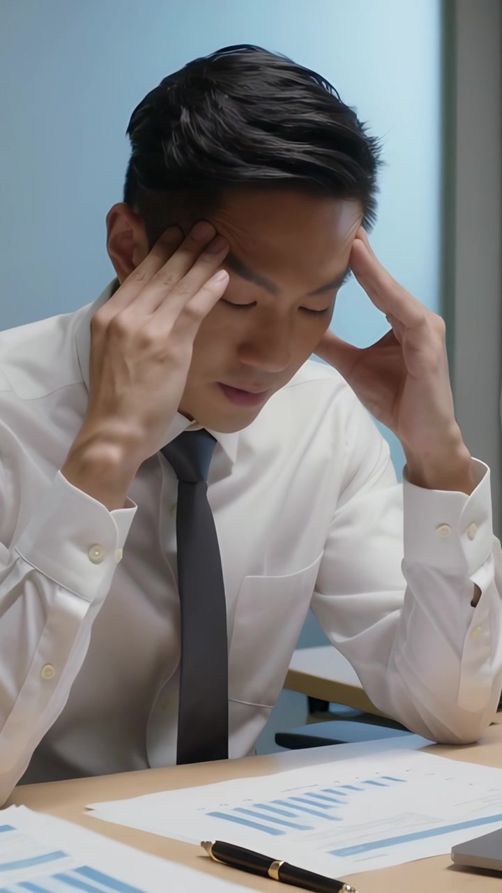 Video verticale: Uomo in camicia bianca e cravatta grigia che esamina rapporti, appoggiato alla scrivania e si strofina le tempie.