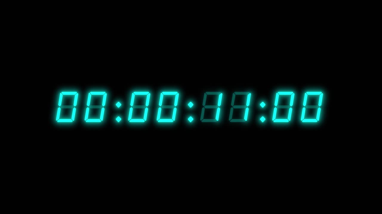 8-digits 60 seconds (1 minute) digital clock counting up timer. Cyan digits on black background. Retro digital alarm clock with glow