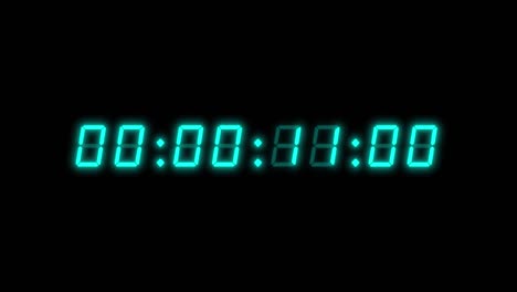 8-digits 60 seconds (1 minute) digital clock counting up timer. cyan digits on black background. retro digital alarm clock with glow