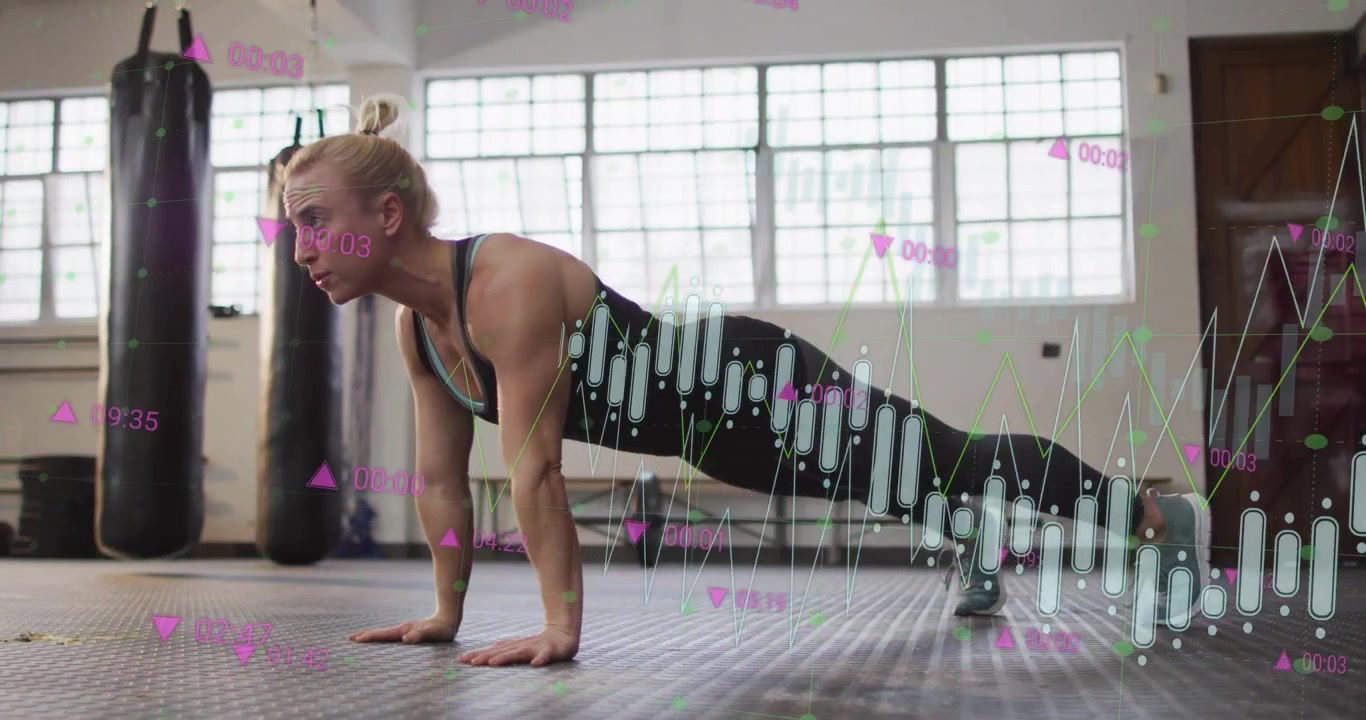 Female trainer starting from high plank and doing push-ups while candlestick chart tracking reps