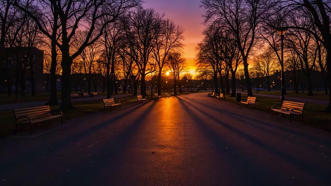 Serene Evening Stroll: A Peaceful Park at Sunset with Long Shadows and Glowing Streetlights on a Tranquil Pathway