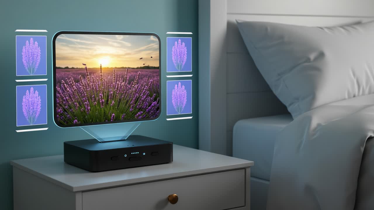 A Serene Bedroom Setting Featuring a Floating Display of Lavender Fields at Sunset, Emphasizing Tranquility and Modern Design in Home Decor