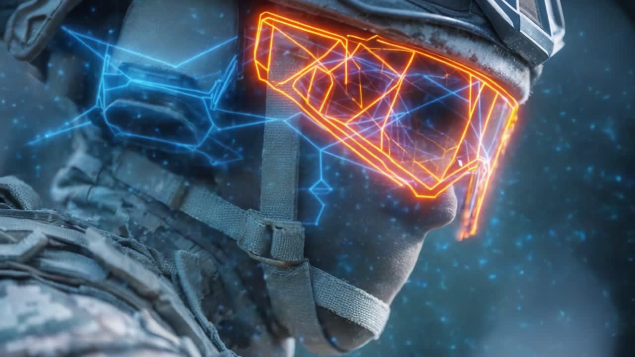Soldato Futuristico Equipaggiato con Occhiali Avanzati per la Realtà Aumentata in un Ambiente ad Alta Tecnologia con Grafiche Vivaci di Rete Neurale