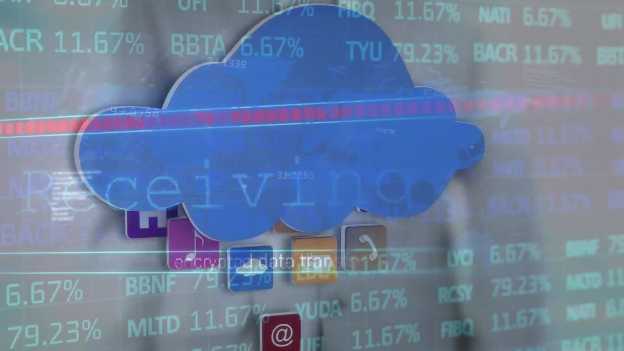 animación de nubes digitales, datos financieros, recepción de archivos y sección media del hombre de negocios caucásico