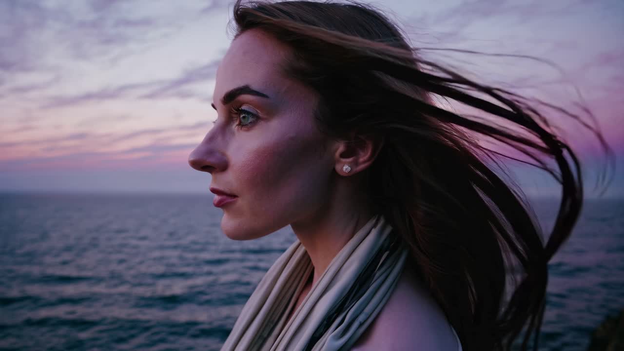 Side profile of a woman at sunset by the sea, captured in a cinematic video style with a close-up