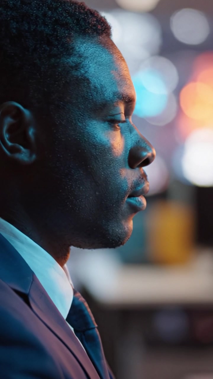 Un Uomo Pensieroso in Abito Contempla in uno Sfondo Sfocato di Luci e Colori, Sottolineando Riflessione e Introspezione in un Contesto Professionale