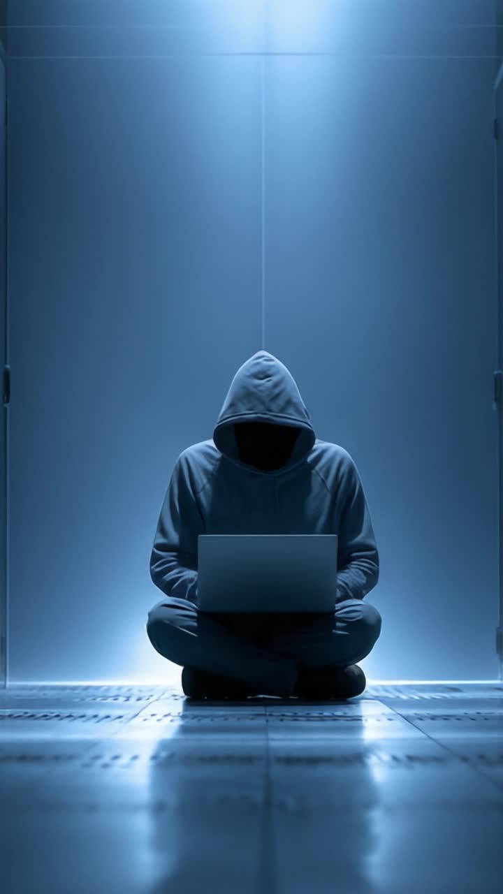 Una figura misteriosa con felpa e cappuccio impegnata con un laptop in un ambiente futuristico e scarsamente illuminato, che riflette temi di segretezza e tecnologia in un contesto cibernetico.