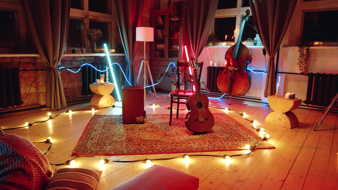 악기 와 장비 를 갖춘 콘서트 무대