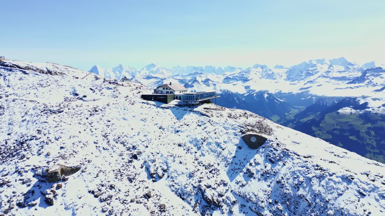 Push in drone shot of the peak of Niesen mountain in Canton of Bern in Switzerland