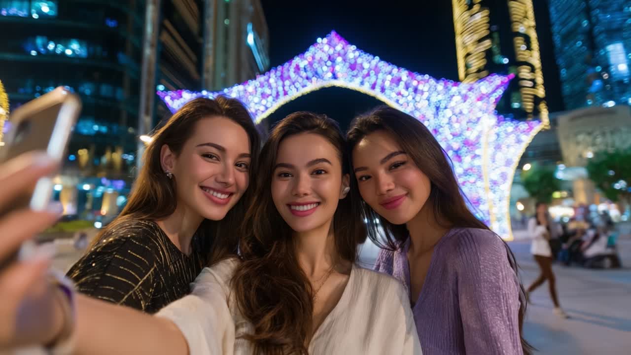 A joyful moment captured under a dazzling light installation as three friends take a selfie together, showcasing their friendship and celebratory spirit in an enchanting urban night scene