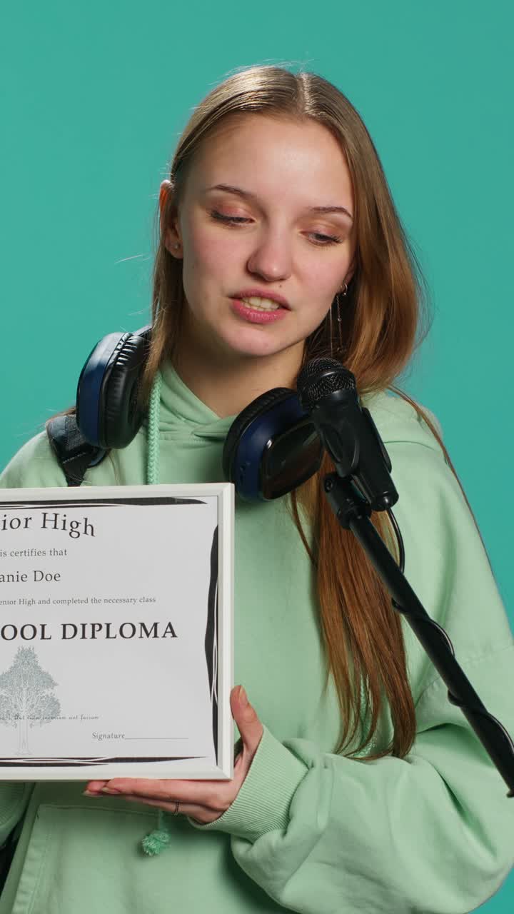 Video verticale. Donna che usa un microfono per condividere la sua saggezza con i colleghi dopo aver finito la scuola
