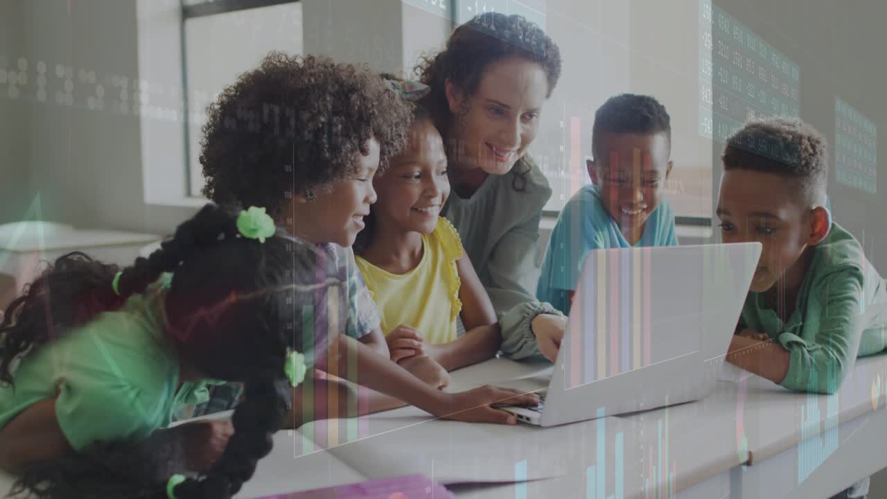 Vertical video: Leaning teacher in jacket guiding kids using laptop at classroom desk, showing data