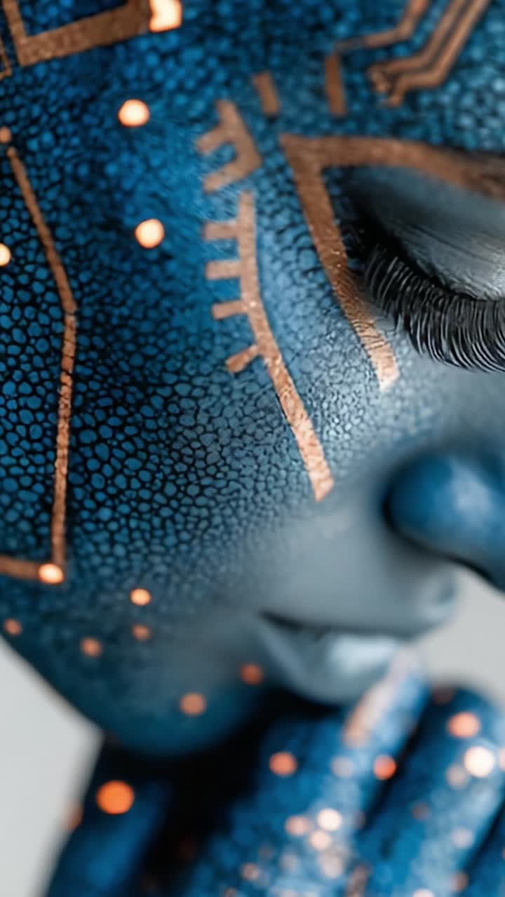 Primo piano di un volto artistico unico con motivi blu e rame, che cattura la complessità della body art e le emozioni espressive in stile ritratto