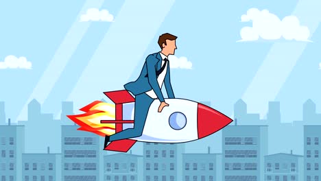 flat cartoon businessman character  fly on rocket startup concept animation