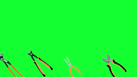 herramientas de trabajo elementos de pinzas animación gráfica, en pantalla verde clave de croma, bucle sin costuras