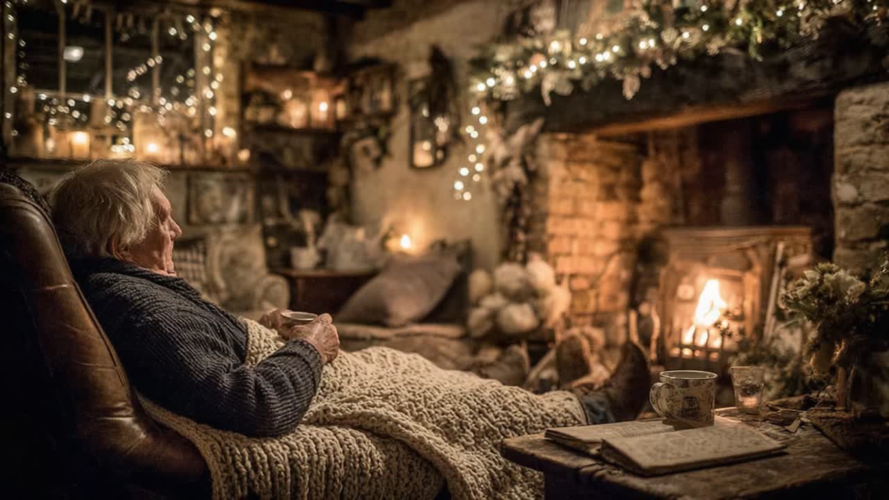 Cozy Evening by the Fireplace: A Warm and Inviting Scene of Relaxation in a Rustic Room Adorned with Twinkling Lights and Seasonal Decor