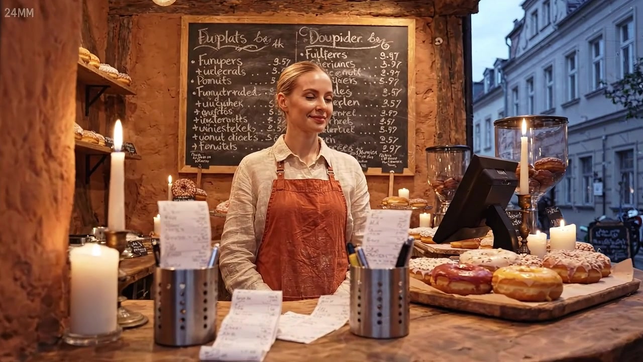 Charmerende bageriscene med en smilende kvindelig konditor i en indbydende butik med håndlavede lækkerier og en gammeldags atmosfære ved skumringstid.