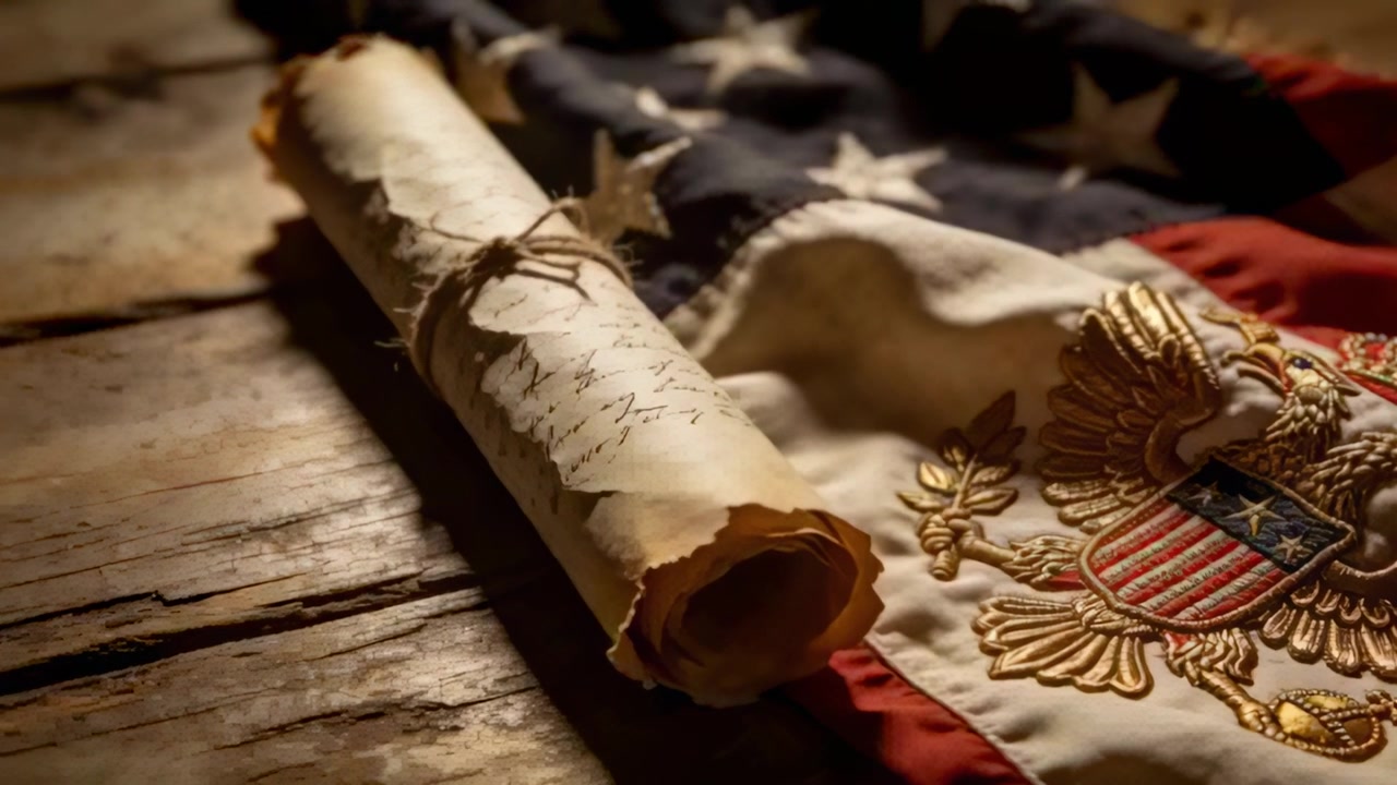 Pushing camera tightening focus on twine-tied parchment and eagle crest on workbench in warm light