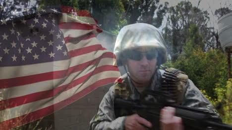 animation of flag of usa over caucasian soldier with machine gun