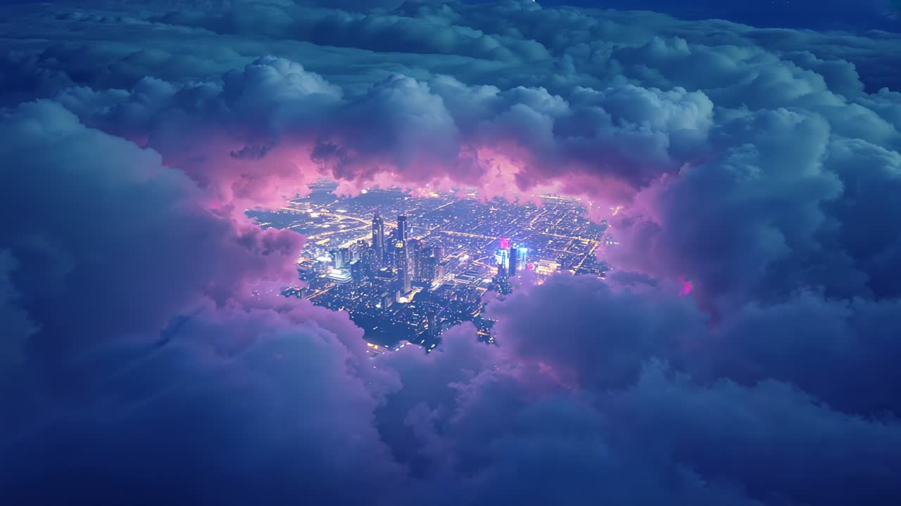 Moving camera revealing skyline and lit grid via cloud opening at night, magenta-lit tower emerging