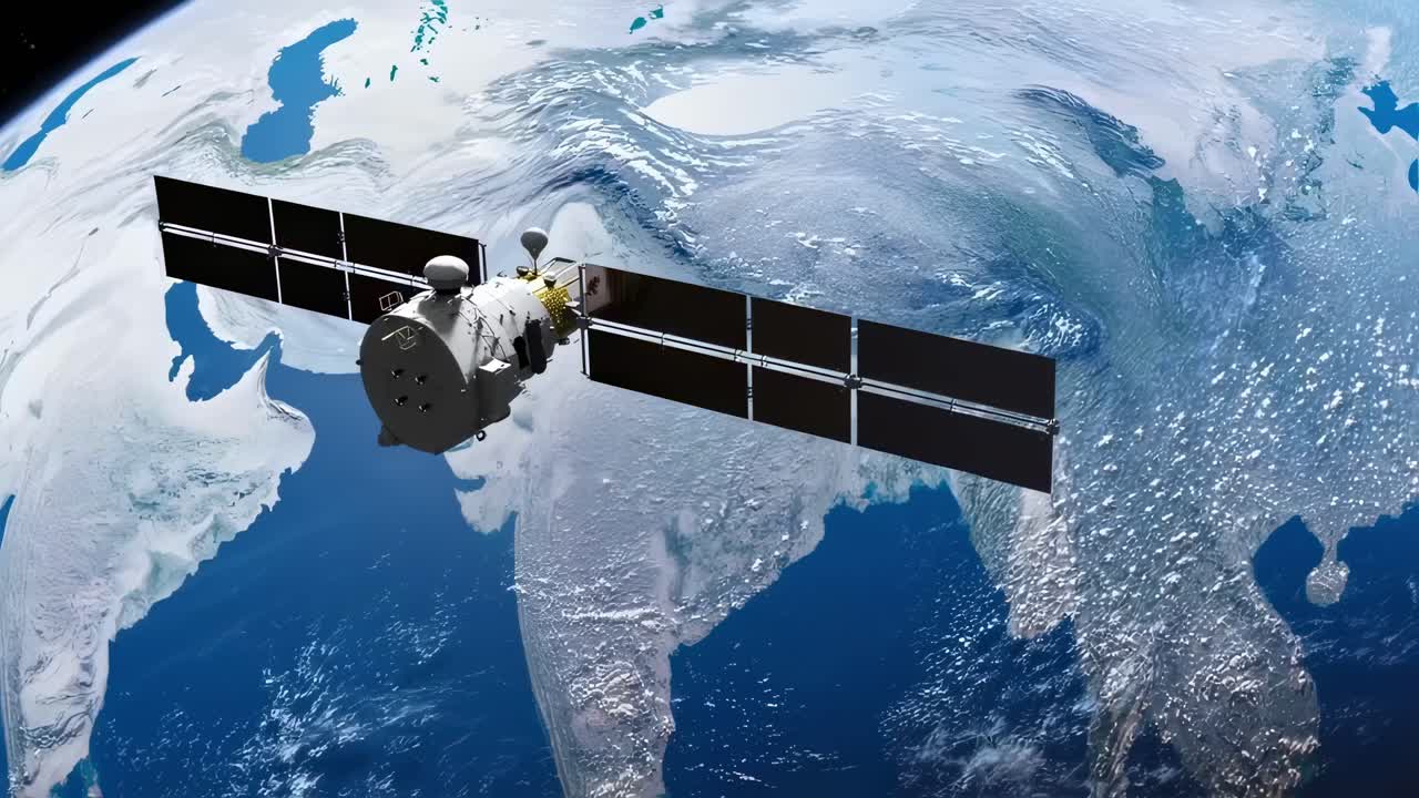 Satellite orbits Earth capturing stunning views of Asia and Europe, showcasing technological advancements and our planet's beauty