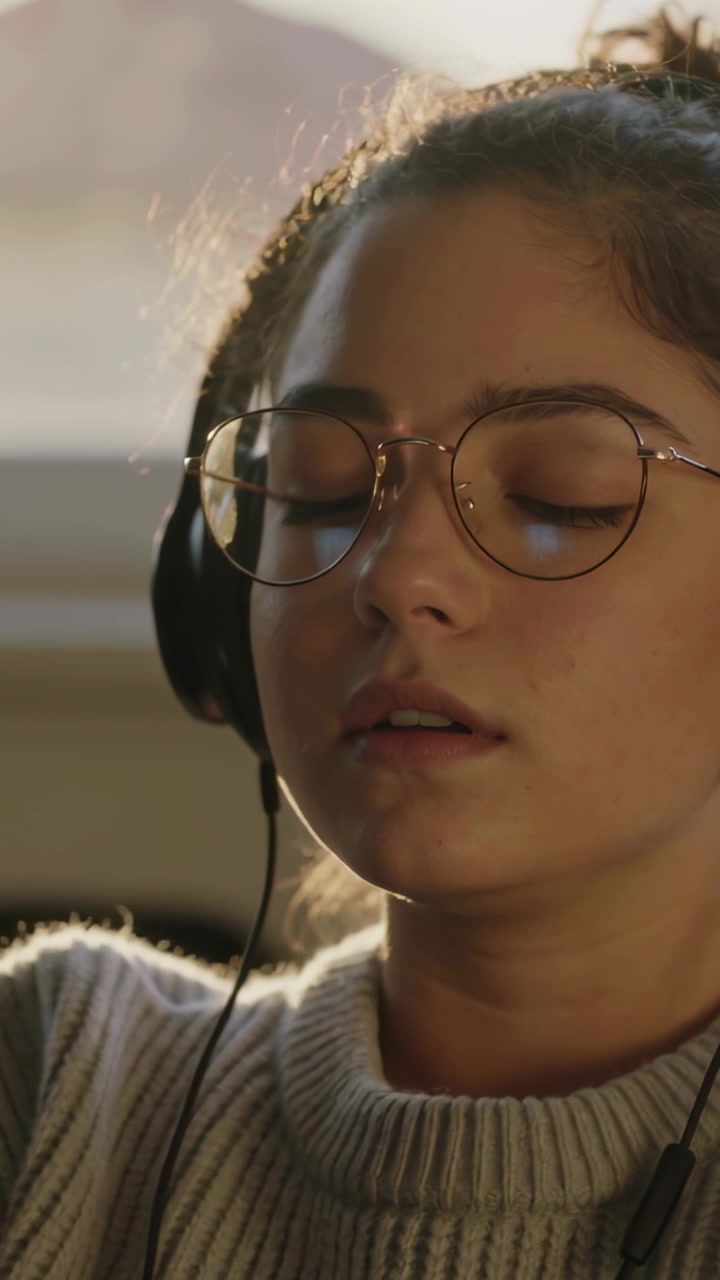 Video verticale: Ascoltando musica, adolescente femmina che canta in playback una canzone in un veicolo, con le cuffie.