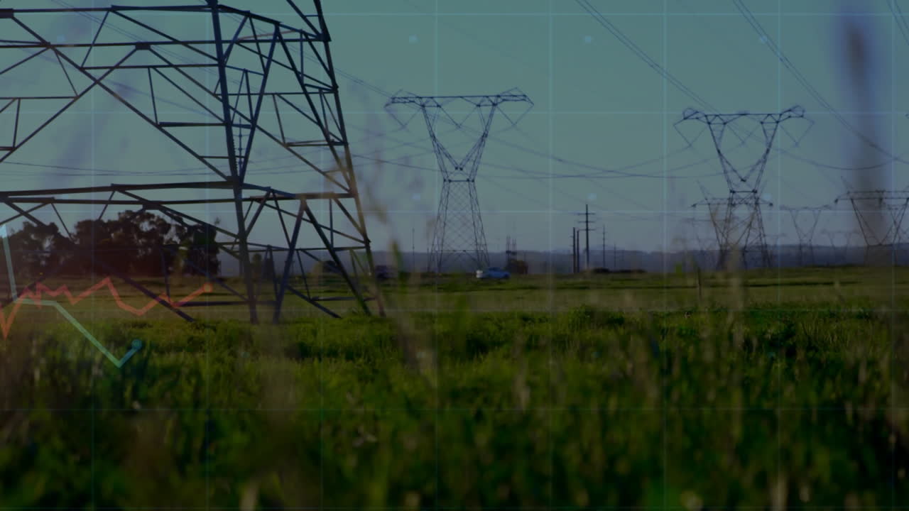 Electricity pylons standing in green field with data processing animation overlay