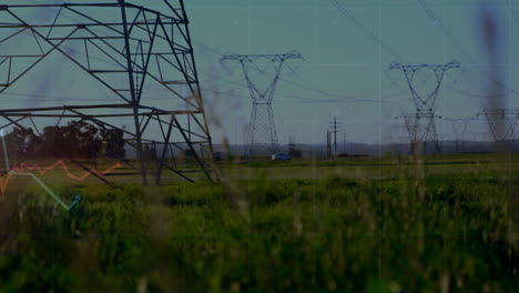 electricity pylons standing in green field with data processing animation overlay