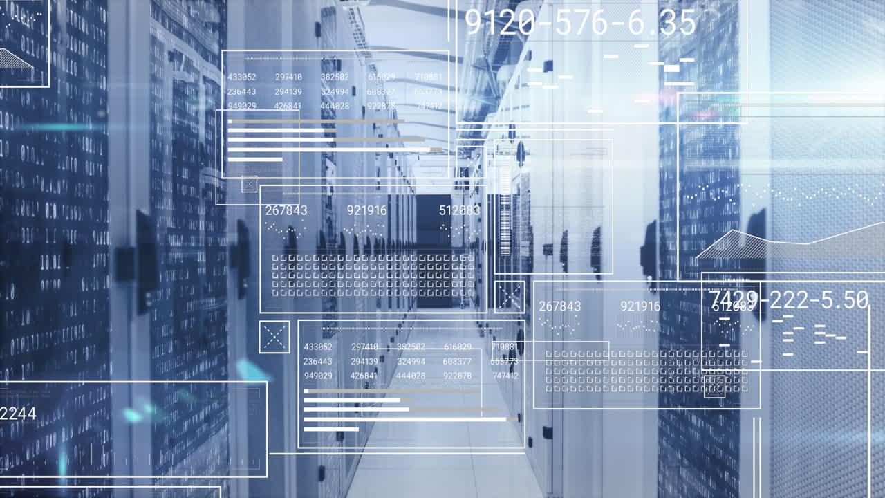 Animation of interface with data processing and mosaic squares over computer server room
