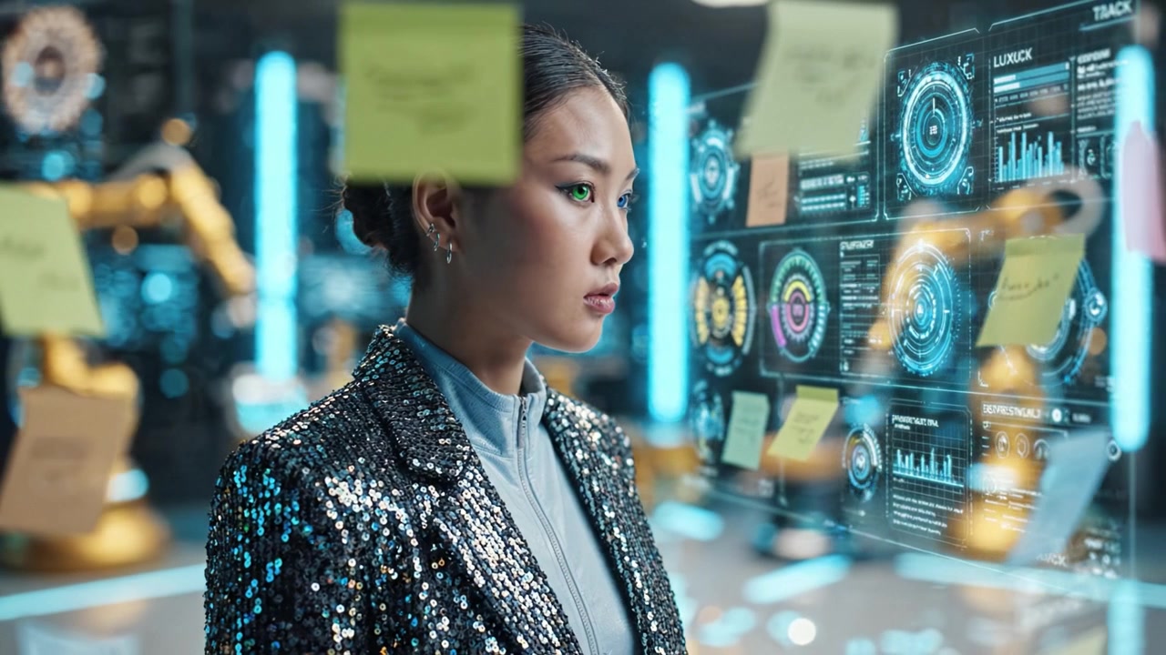 A focused individual in a high-tech environment examines digital screens filled with data while showcasing a stylish, sequined suit and robotic automation in the background.