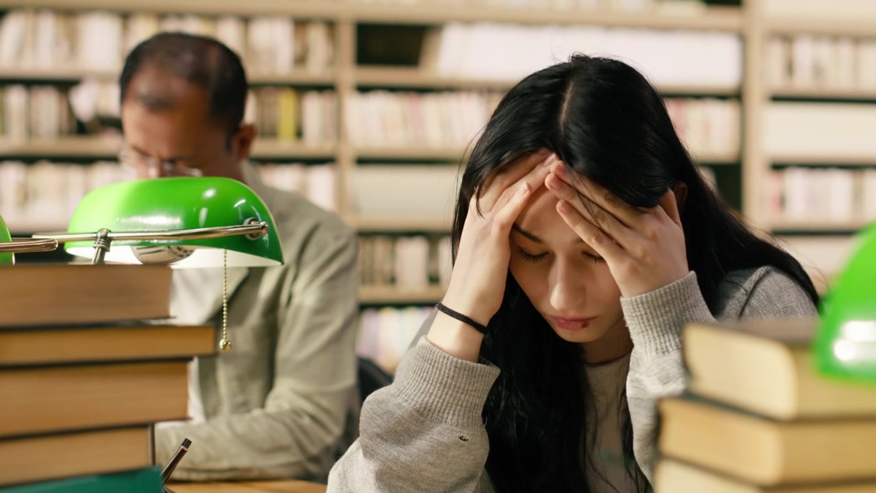 Studente stanco che fatica mentre legge un libro aperto per la preparazione all'esame.