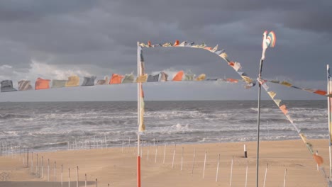 colorful flags on the beach of de haan on the belgian coast at the north sea - wide