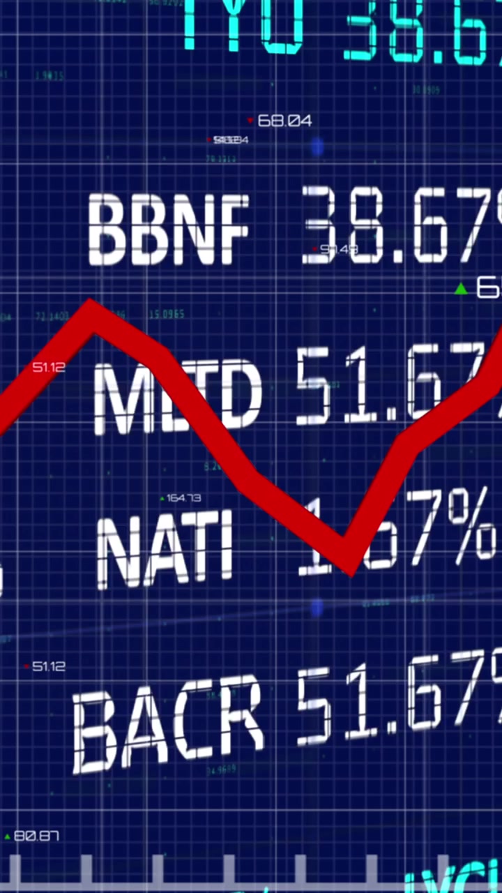 Una linea statistica rossa in aumento su un display digitale su una griglia grigia con numeri e indicatori