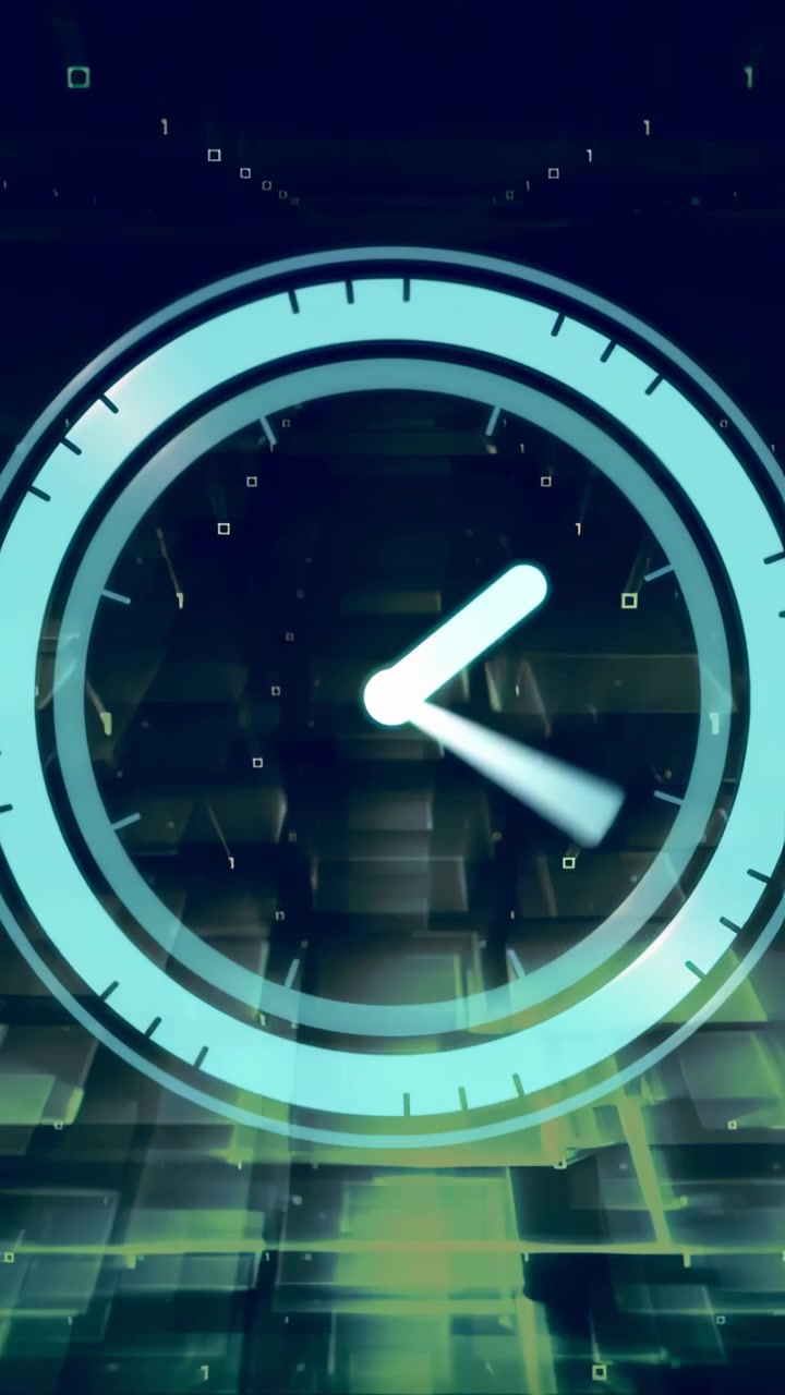 Video verticale: Orologio HUD ciano con arco esterno che appare e lancette rotanti, mentre gli elementi grafici si spostano mostrando la tempistica