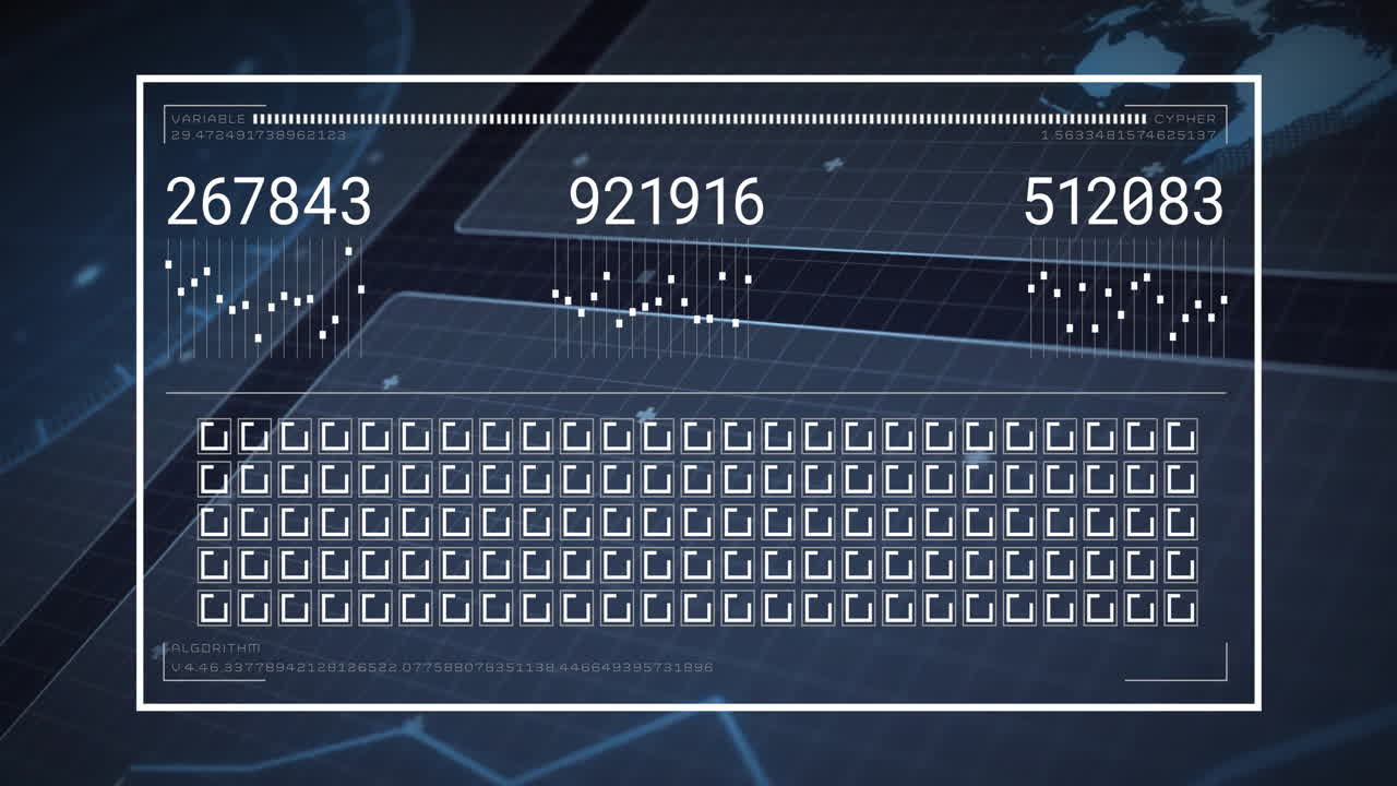 Animation of binary code and numbers processing on futuristic digital interface