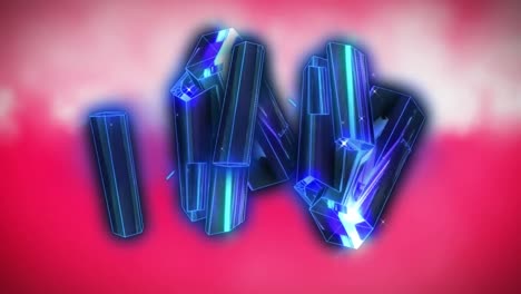 Digital-animation-of-blue-glowing-crystal-shapes-against-pink-background