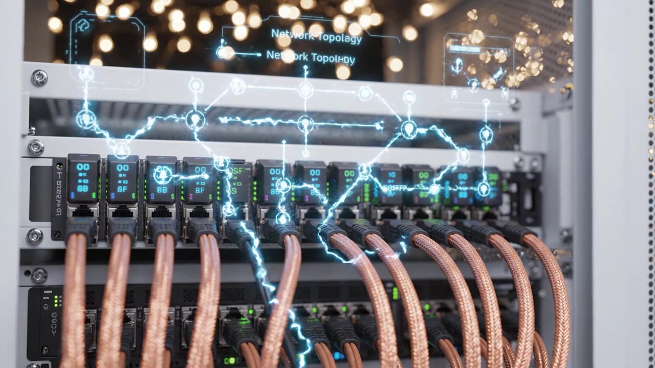 Advanced Networking Infrastructure: A Detailed Look at Server Racks with LED Displays and Copper Cables Transmitting Data in a Modern Data Center Environment