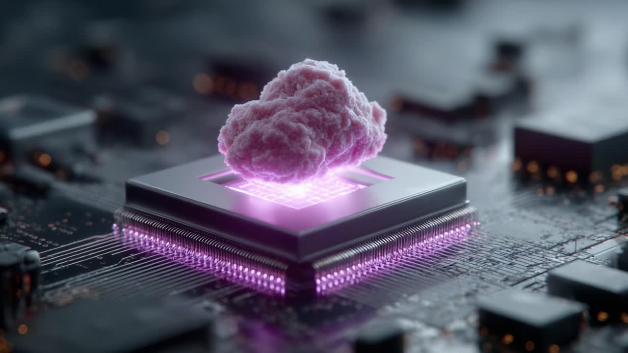 A Surreal Fusion of Technology and Imagination: A Pink Cloud Hovering Above a Processor, Symbolizing Cloud Computing and Advanced Data Processing in Digital Environments