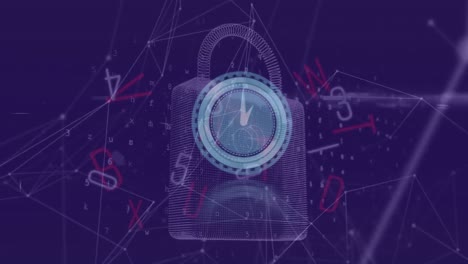 animation of clock over network of connections and padlock on purple background