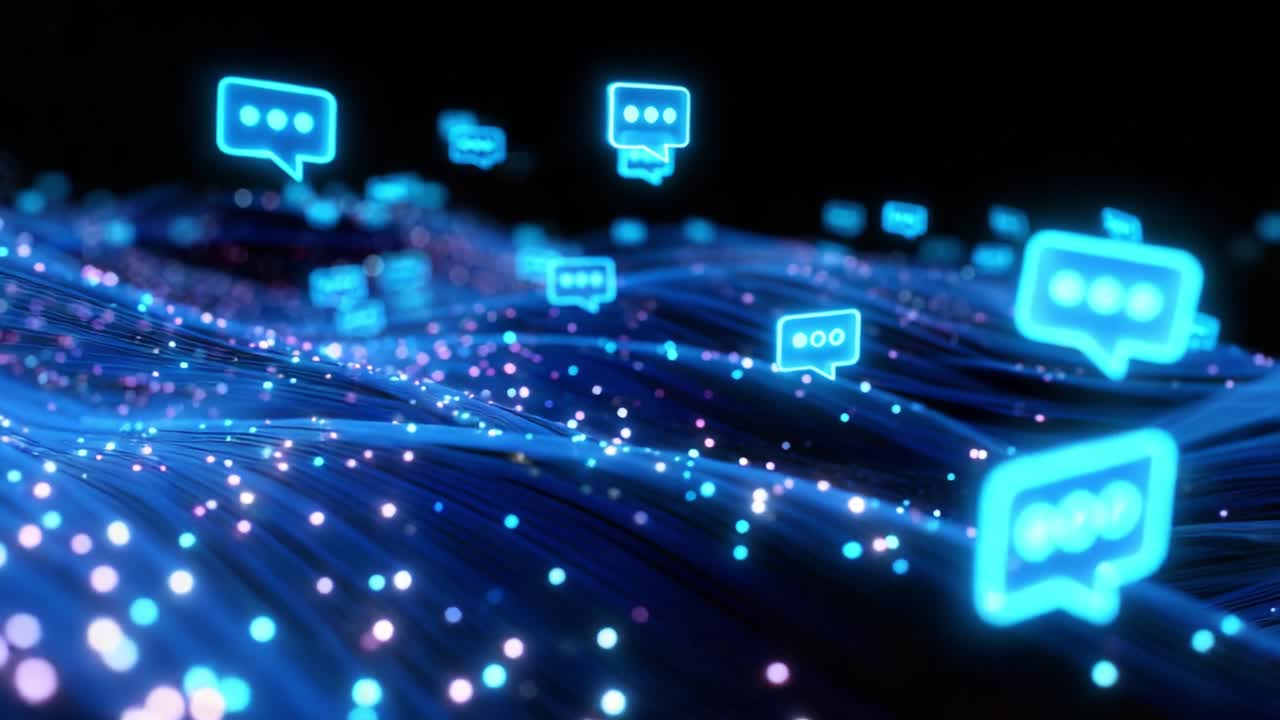 A mesmerizing visualization of digital communication illustrated through vibrant blue light waves and floating chat bubbles, showcasing the dynamic nature of online interactions in a captivating abstract design
