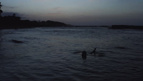 silhouette of woman swimming in ocean shore at sunset in puerto plata