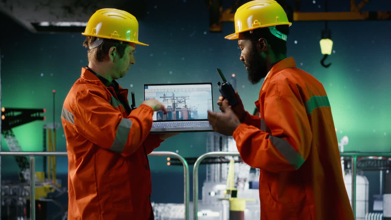 Offshore engineers communicate via walkie talkie at night on oil platform
