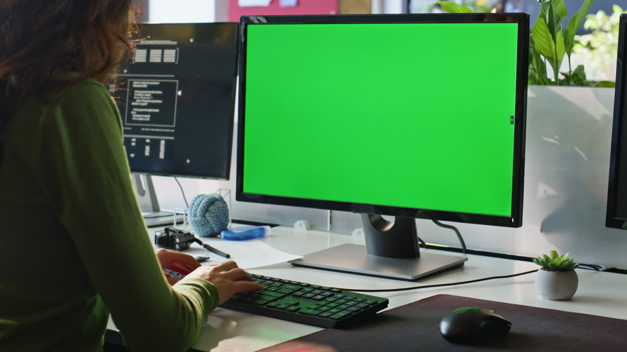 Unknown businesswoman typing mockup computer in workplace closeup. Lady working