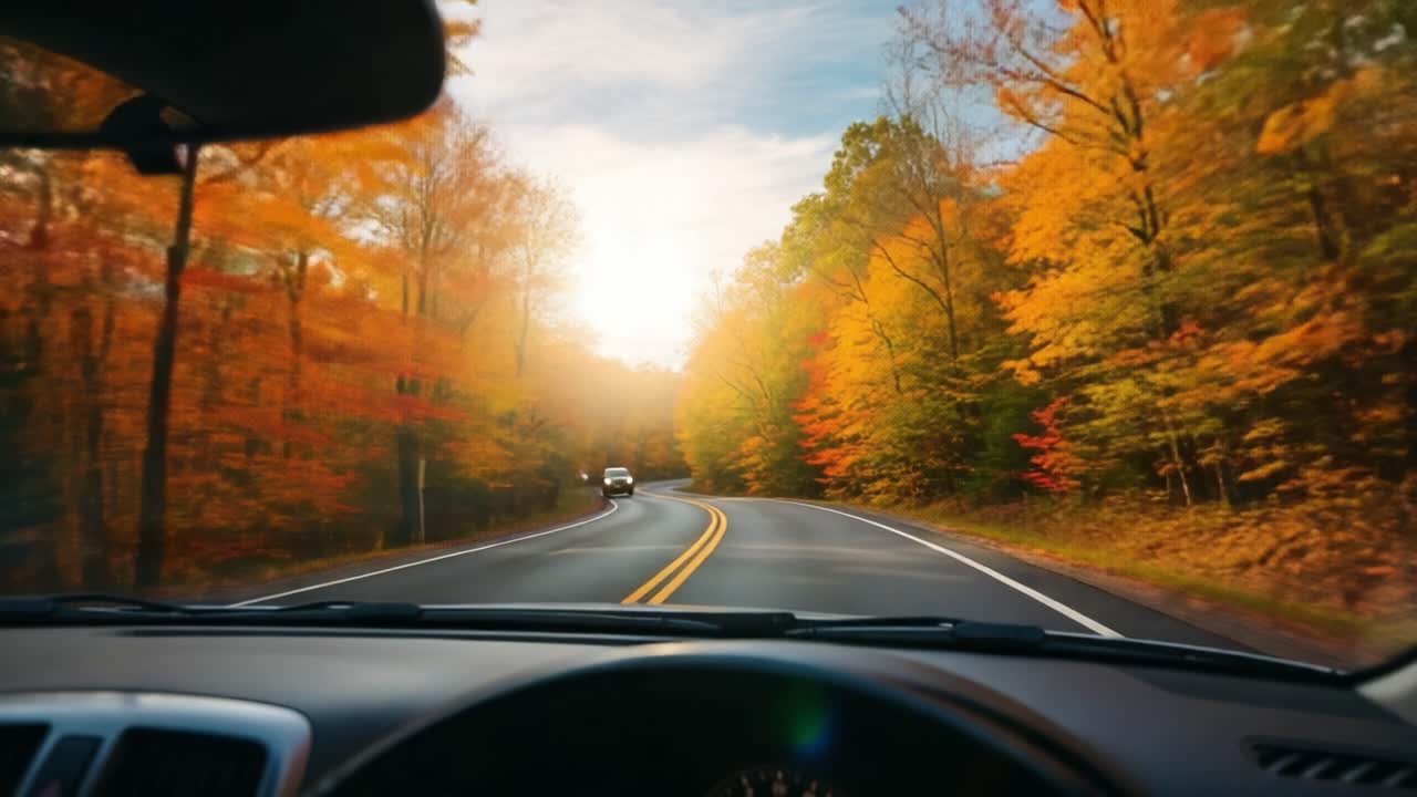 A Scenic Autumn Drive Through Colorful Fall Foliage with Sunlight Filtering Through Trees and Winding Roads Ahead