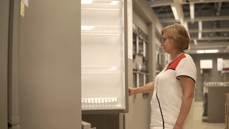 woman looking at a refrigerator in a store