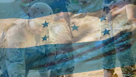 Animation-of-flag-of-honduras-over-diverse-male-soldiers-with-weapons