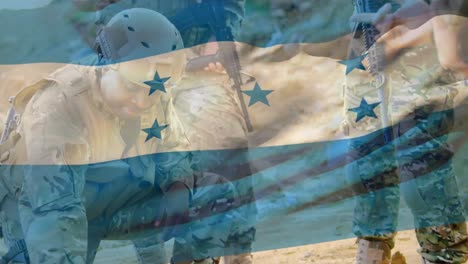 animation of flag of honduras over diverse male soldiers with weapons