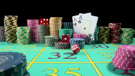 casino table with dice, cards, and chips