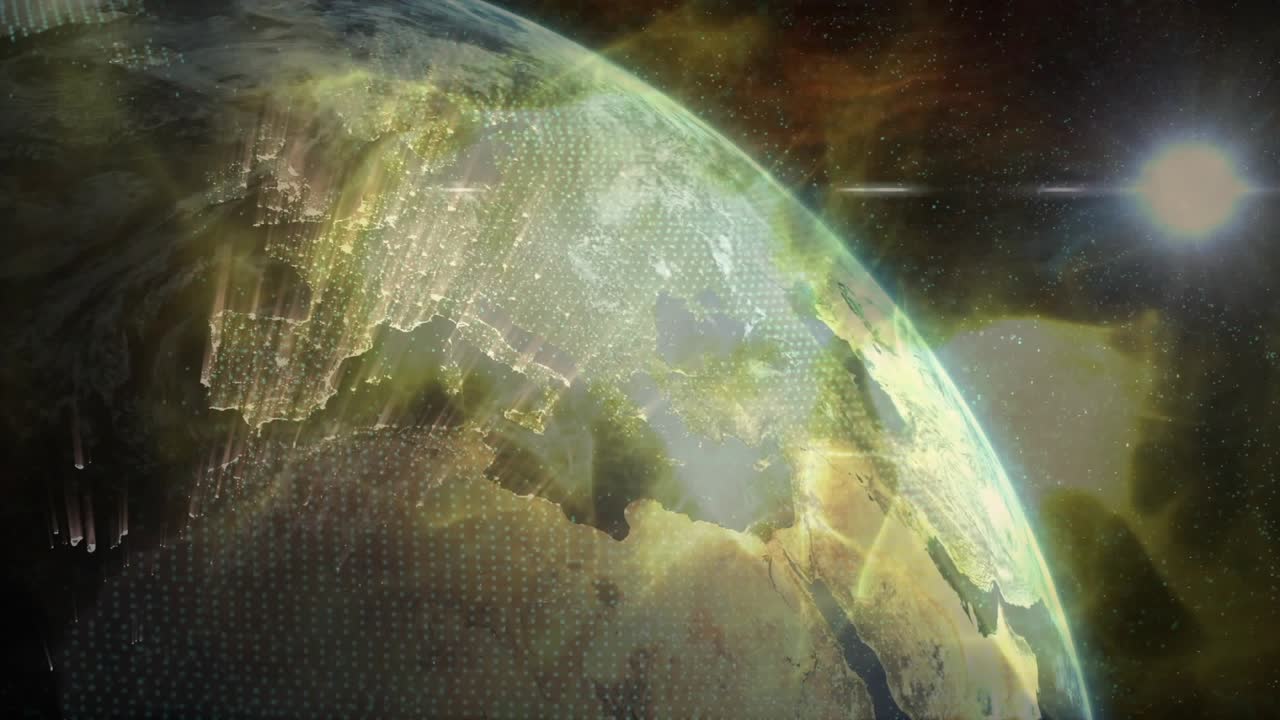 Sun rising, dotted grid forming pillars while rotating Earth and pulsing ring visualizing data