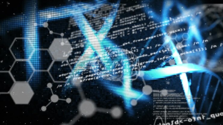 Animation of human brain, dna and molecular structures over data processing against blue background